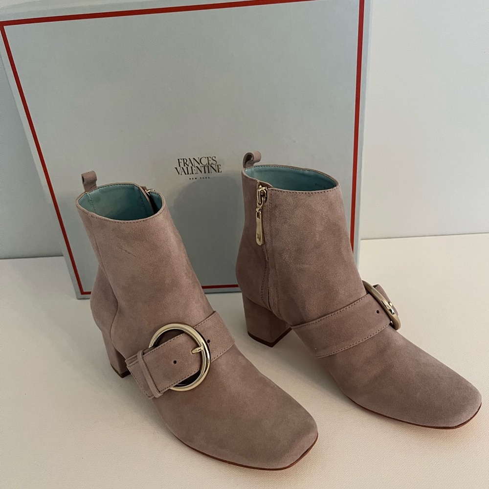 Frances Valentine Cassie Grey Suede Ankle Boot with Gold Buckle